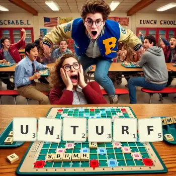 Creative illustration for a Scrabble game with the word UNTURF spelled out in tiles on the board.