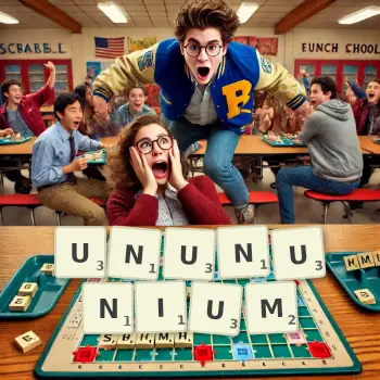Creative illustration for a Scrabble game with the word UNUNUNIUM spelled out in tiles on the board.