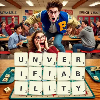 Creative illustration for a Scrabble game with the word UNVERIFIABILITY spelled out in tiles on the board.