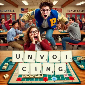 Creative illustration for a Scrabble game with the word UNVOICING spelled out in tiles on the board.