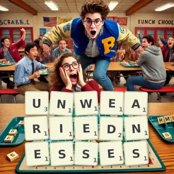 Creative illustration for a Scrabble game with the word UNWEARIEDNESSES spelled out in tiles on the board.