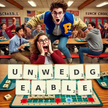 Creative illustration for a Scrabble game with the word UNWEDGEABLE spelled out in tiles on the board.