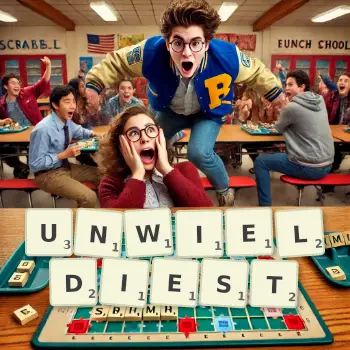 Creative illustration for a Scrabble game with the word UNWIELDIEST spelled out in tiles on the board.