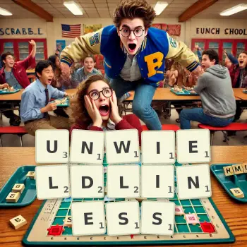 Creative illustration for a Scrabble game with the word UNWIELDLINESS spelled out in tiles on the board.