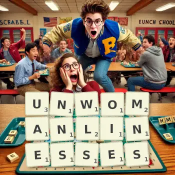 Creative illustration for a Scrabble game with the word UNWOMANLINESSES spelled out in tiles on the board.