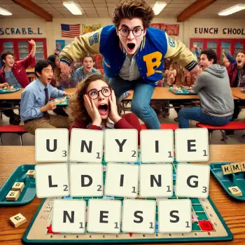 Creative illustration for a Scrabble game with the word UNYIELDINGNESS spelled out in tiles on the board.