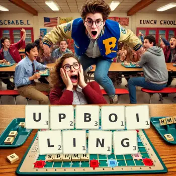 Creative illustration for a Scrabble game with the word UPBOILING spelled out in tiles on the board.
