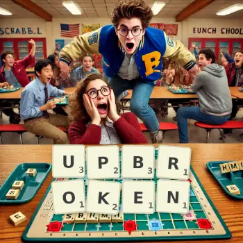 Creative illustration for a Scrabble game with the word UPBROKEN spelled out in tiles on the board.