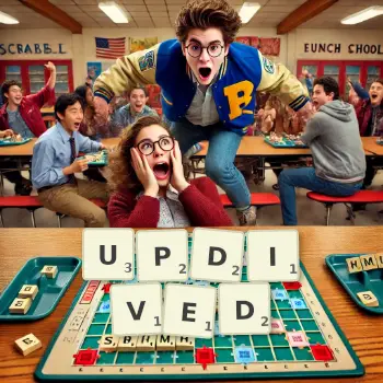Creative illustration for a Scrabble game with the word UPDIVED spelled out in tiles on the board.