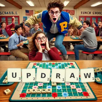 Creative illustration for a Scrabble game with the word UPDRAW spelled out in tiles on the board.