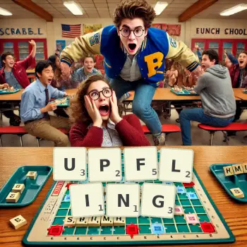 Creative illustration for a Scrabble game with the word UPFLING spelled out in tiles on the board.