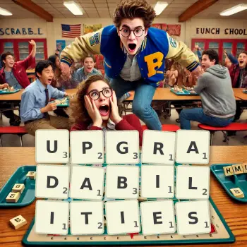 Creative illustration for a Scrabble game with the word UPGRADABILITIES spelled out in tiles on the board.