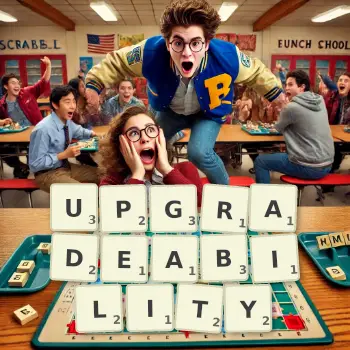 Creative illustration for a Scrabble game with the word UPGRADEABILITY spelled out in tiles on the board.