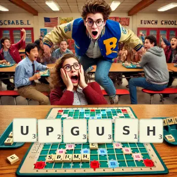 Creative illustration for a Scrabble game with the word UPGUSH spelled out in tiles on the board.