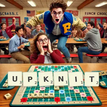 Creative illustration for a Scrabble game with the word UPKNIT spelled out in tiles on the board.