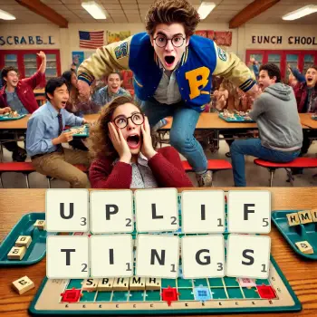 Creative illustration for a Scrabble game with the word UPLIFTINGS spelled out in tiles on the board.