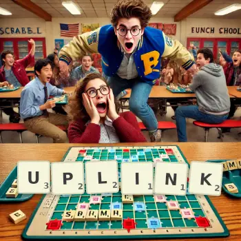 Creative illustration for a Scrabble game with the word UPLINK spelled out in tiles on the board.