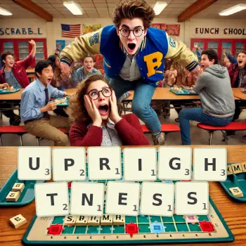 Creative illustration for a Scrabble game with the word UPRIGHTNESS spelled out in tiles on the board.