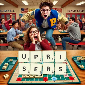Creative illustration for a Scrabble game with the word UPRISERS spelled out in tiles on the board.
