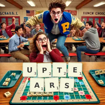 Creative illustration for a Scrabble game with the word UPTEARS spelled out in tiles on the board.