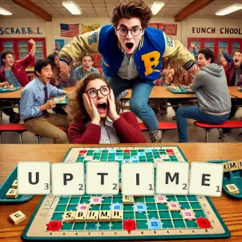 Creative illustration for a Scrabble game with the word UPTIME spelled out in tiles on the board.