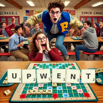 Creative illustration for a Scrabble game with the word UPWENT spelled out in tiles on the board.