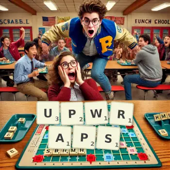 Creative illustration for a Scrabble game with the word UPWRAPS spelled out in tiles on the board.