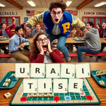 Creative illustration for a Scrabble game with the word URALITISE spelled out in tiles on the board.