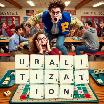 Creative illustration for a Scrabble game with the word URALITIZATION spelled out in tiles on the board.