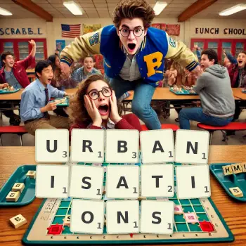 Creative illustration for a Scrabble game with the word URBANISATIONS spelled out in tiles on the board.