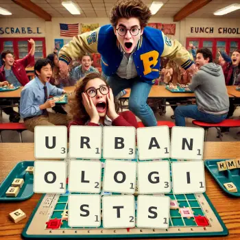 Creative illustration for a Scrabble game with the word URBANOLOGISTS spelled out in tiles on the board.