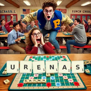 Creative illustration for a Scrabble game with the word URENAS spelled out in tiles on the board.