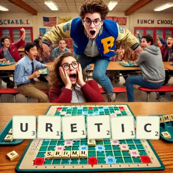 Creative illustration for a Scrabble game with the word URETIC spelled out in tiles on the board.