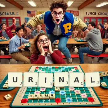 Creative illustration for a Scrabble game with the word URINAL spelled out in tiles on the board.