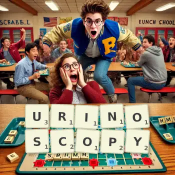Creative illustration for a Scrabble game with the word URINOSCOPY spelled out in tiles on the board.