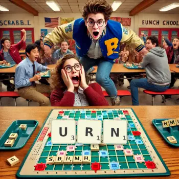 Creative illustration for a Scrabble game with the word URN spelled out in tiles on the board.