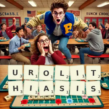 Creative illustration for a Scrabble game with the word UROLITHIASIS spelled out in tiles on the board.