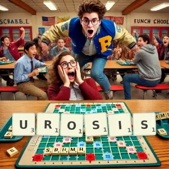 Creative illustration for a Scrabble game with the word UROSIS spelled out in tiles on the board.
