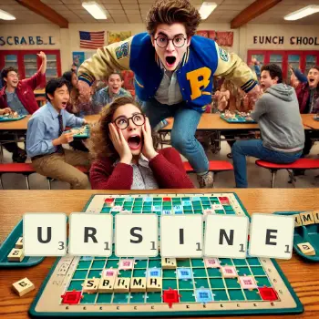Creative illustration for a Scrabble game with the word URSINE spelled out in tiles on the board.