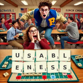 Creative illustration for a Scrabble game with the word USABLENESS spelled out in tiles on the board.