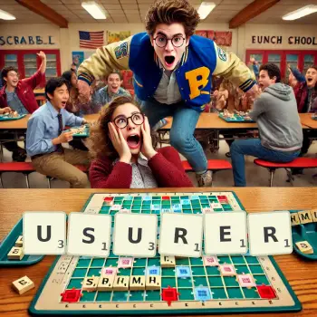 Creative illustration for a Scrabble game with the word USURER spelled out in tiles on the board.