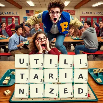 Creative illustration for a Scrabble game with the word UTILITARIANIZED spelled out in tiles on the board.