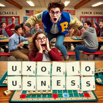 Creative illustration for a Scrabble game with the word UXORIOUSNESS spelled out in tiles on the board.