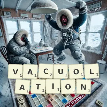 Creative illustration for a Scrabble game with the word VACUOLATION spelled out in tiles on the board.