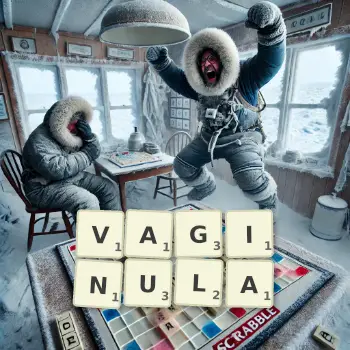 Creative illustration for a Scrabble game with the word VAGINULA spelled out in tiles on the board.
