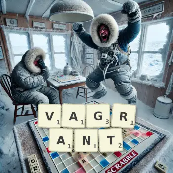 Creative illustration for a Scrabble game with the word VAGRANT spelled out in tiles on the board.