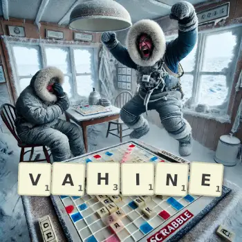Creative illustration for a Scrabble game with the word VAHINE spelled out in tiles on the board.