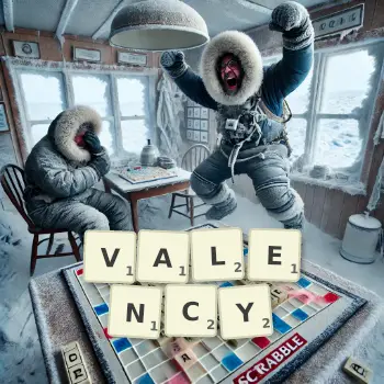 Creative illustration for a Scrabble game with the word VALENCY spelled out in tiles on the board.