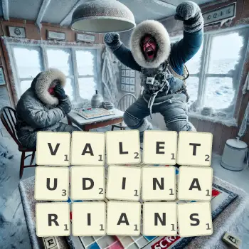 Creative illustration for a Scrabble game with the word VALETUDINARIANS spelled out in tiles on the board.