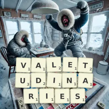 Creative illustration for a Scrabble game with the word VALETUDINARIES spelled out in tiles on the board.